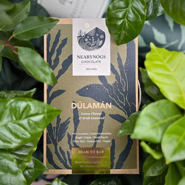 A NearyNógs Gorse Flower & Irish Seaweed chocolate bar with seaweed design and branding, nestled in amongst green leaves with The Present Tree tube in the background.