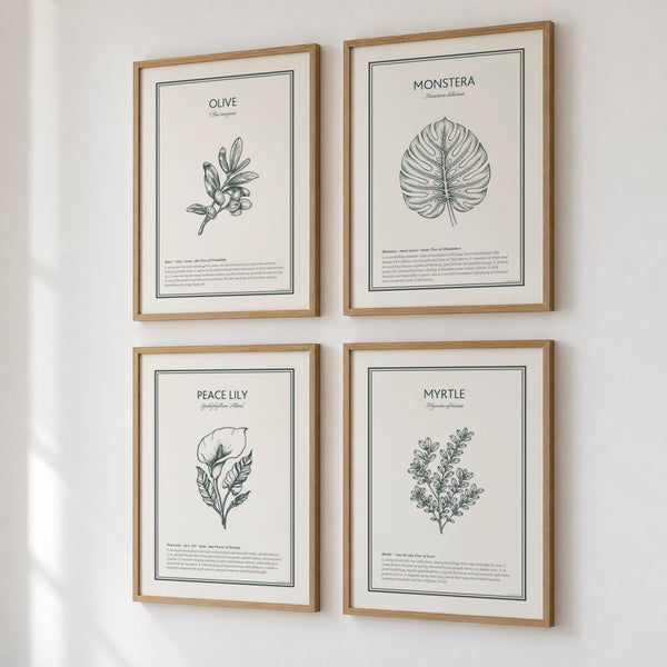 Four framed Botanical Prints - Olive, Monstera, Peace Lily and Myrtle - hanging on a wall.