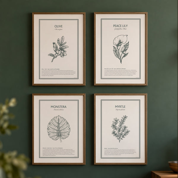 Four framed botanical prints (Olive, Peace Lily, Monstera and Myrtle), on a dark green background