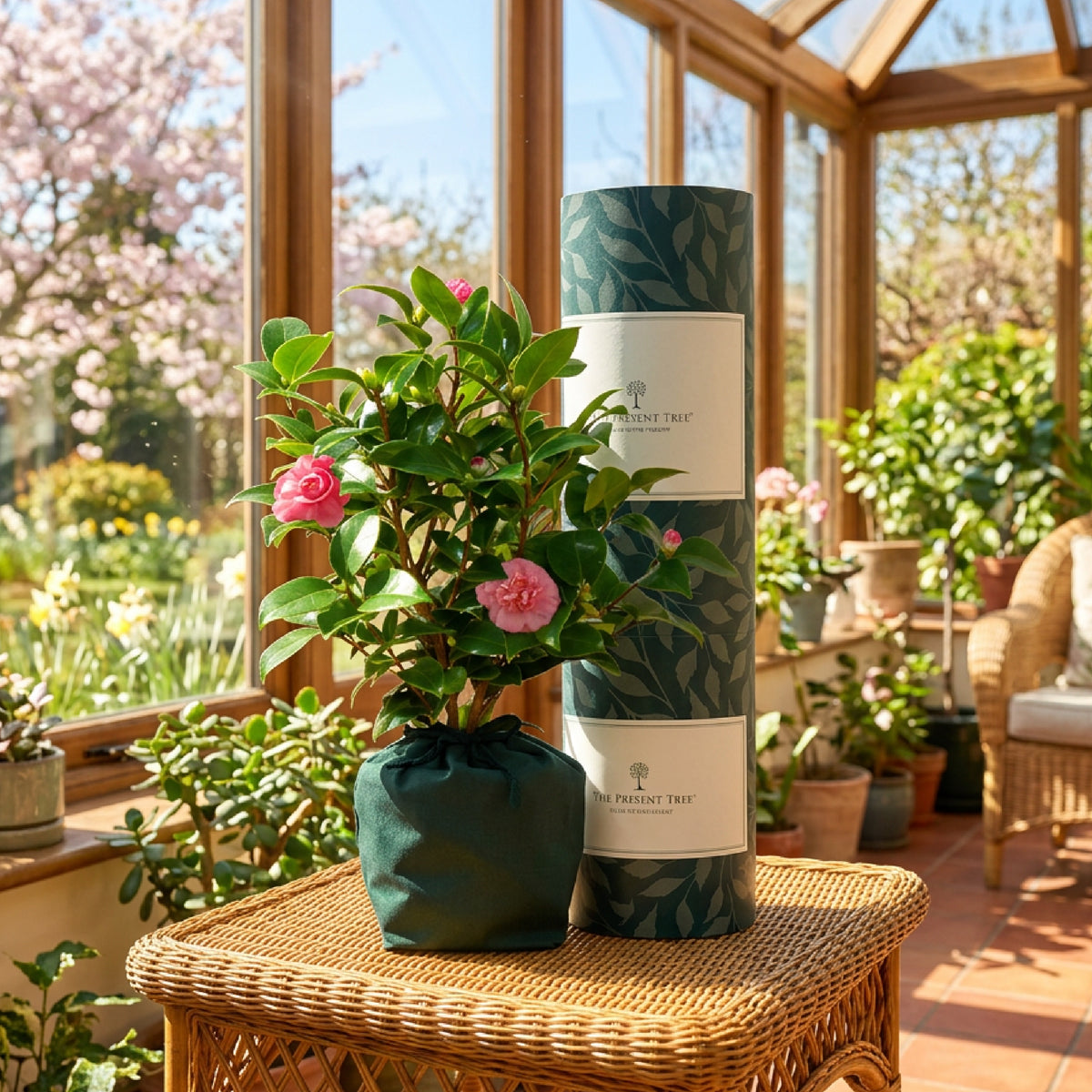 Camellia with gift wrap in a greenhouse