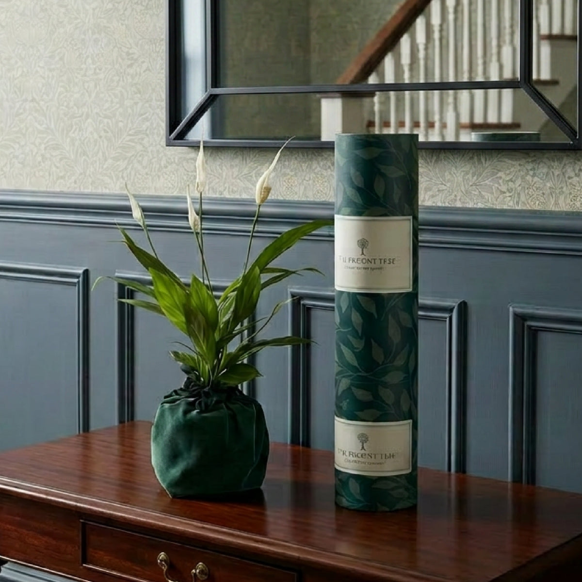 Peace Lily plant gift in green bag and The Present Tree parcel in home setting